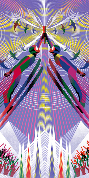 Independent Milano Cortina 2026 Winter Olympics art poster by Balbusso Twins. Two female skiers leap toward the sky holding the Olympic flame together. Futuristic digital art style featuring the Milan Cathedral (Duomo) among snowy mountains and a cheering crowd.