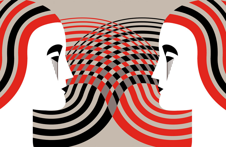 Close-up of the official Balbusso Twins logo, featuring a graphic illustration of the two artists' faces in profile, representing their creative duo identity.