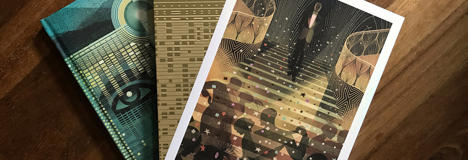 The Great Gatsby deluxe book edition by Balbusso Twins, featuring the gold slipcase, the closed volume showing the front cover artwork, and a fine art print of Gatsby descending the stairs.