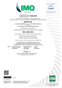 Certificato 14001:2015 Pagina 01 Certifica la conformità del sistema di gestione ambientale dell'azienda.