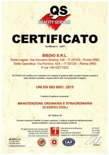 Certificato UNI EN ISO 9001:2015 Manuezione ordinaria e straordinaria di edifici civili.