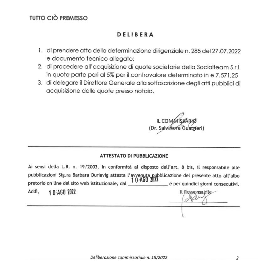 GUARNERI DA COMMISSARIO ASP MORO ACQUISTA LE QUOTE DELLA SOCIALTEAM DA LUI STESSO AMMINISTRATA