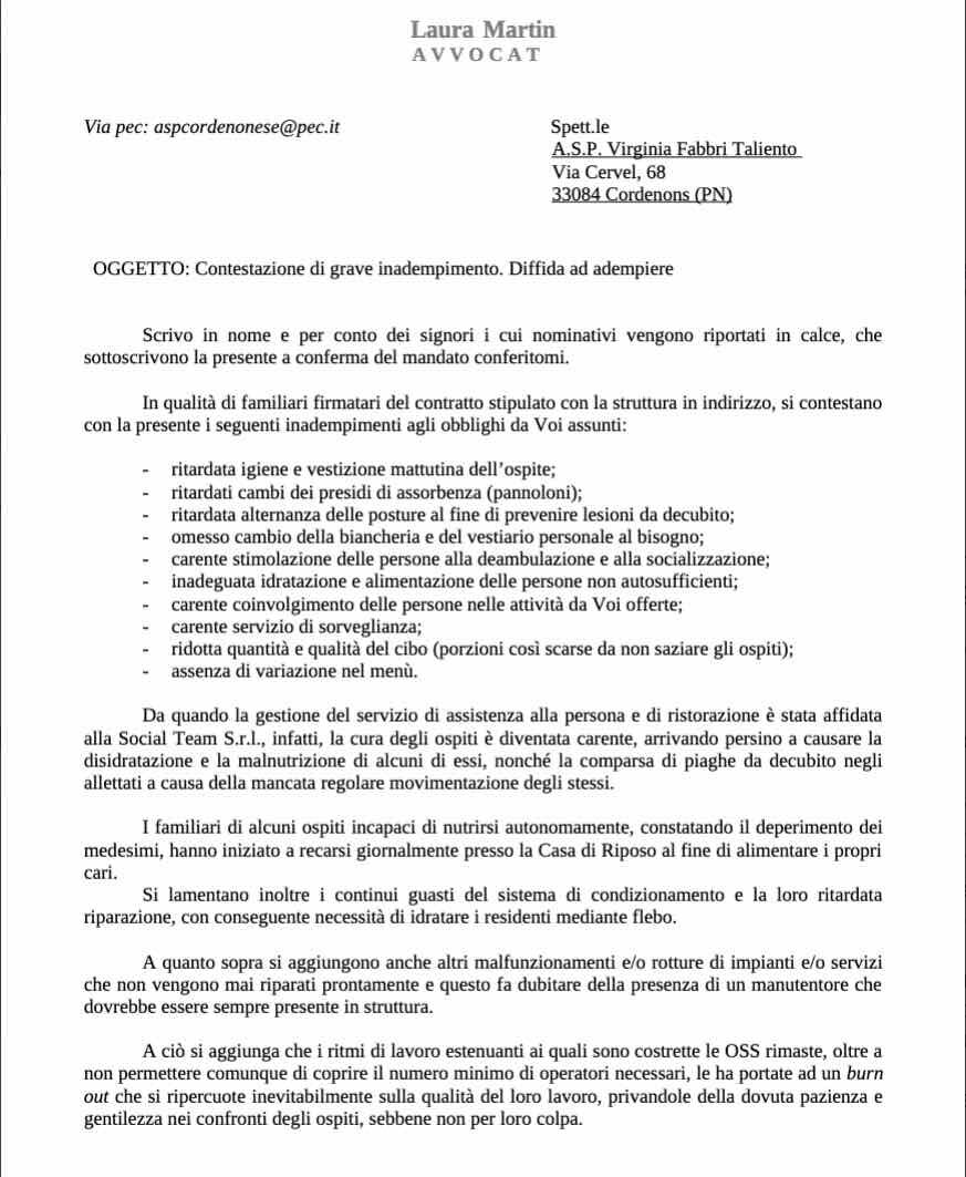 ASP CORDENONS: ANZIANI DENUTRITI, SPORCHI E DISIDRATATI CON LESIONI DA DECUBITO