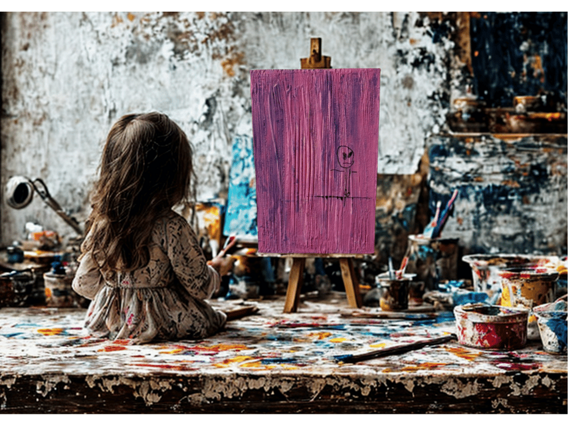 bambina dipinge un quadro rosa