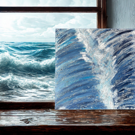 tela materica con mare e onde sullo sfondo