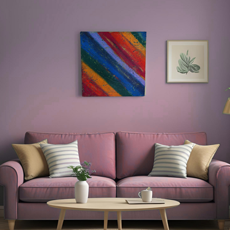 quadro materico colorato su parete soggiorno