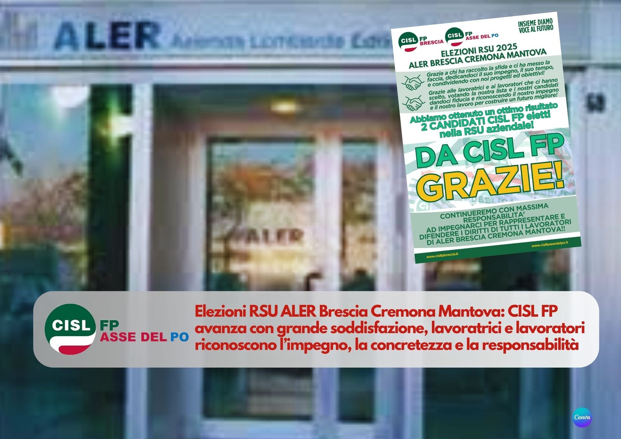 CISL FP Asse del Po. Elezioni RSU ALER, per la CISL FP ottimo risultato, la conferma di un serio e concreto percorso di rappresentanza