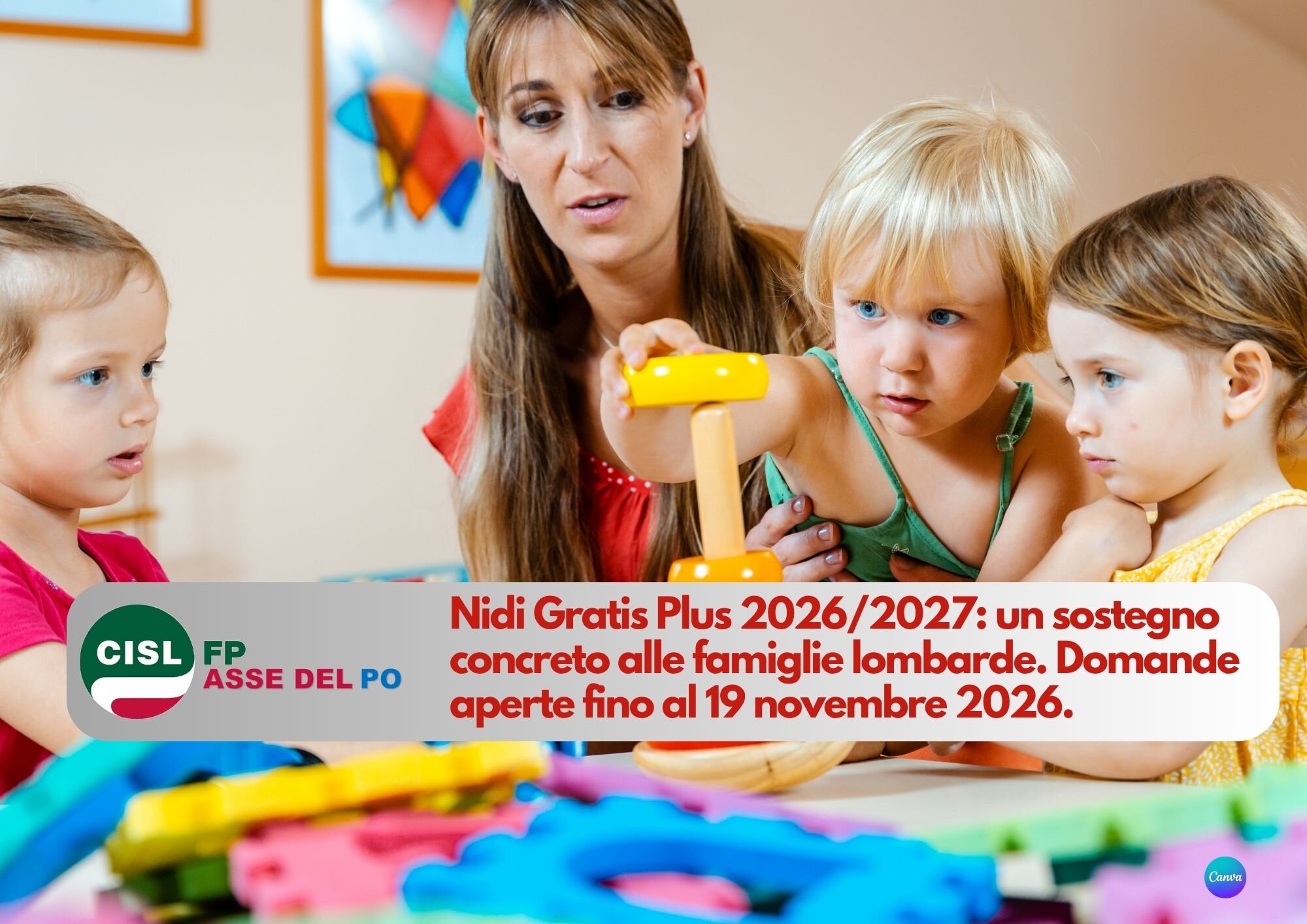 Cisl FP Asse del Po. Nidi Gratis Plus 2026/2027: un sostegno concreto alle famiglie lombarde