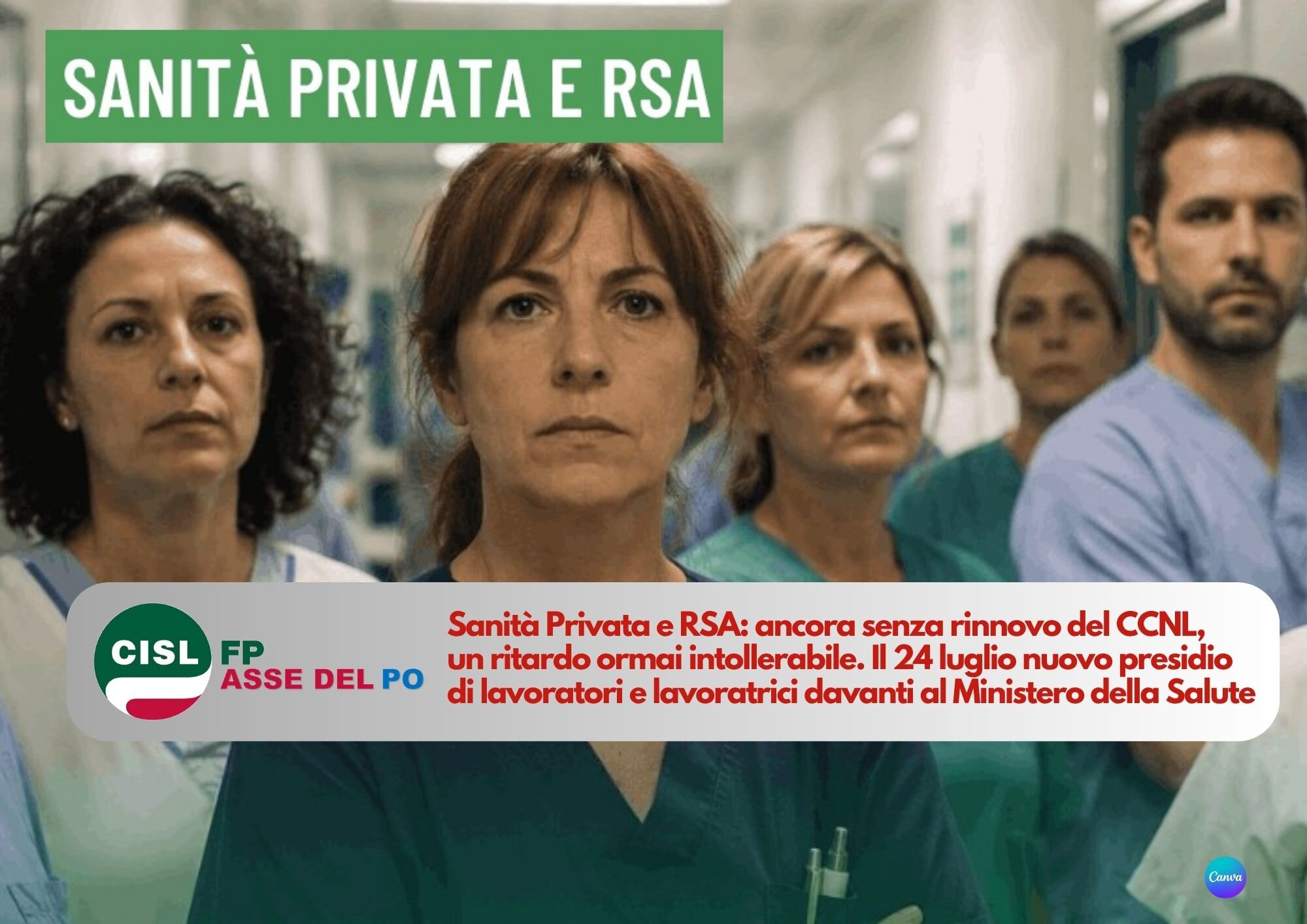 CISL FP Asse del Po. Sanità Privata e RSA: Contratto ancora in stallo, il 24 luglio in presidio al Ministero della Salute