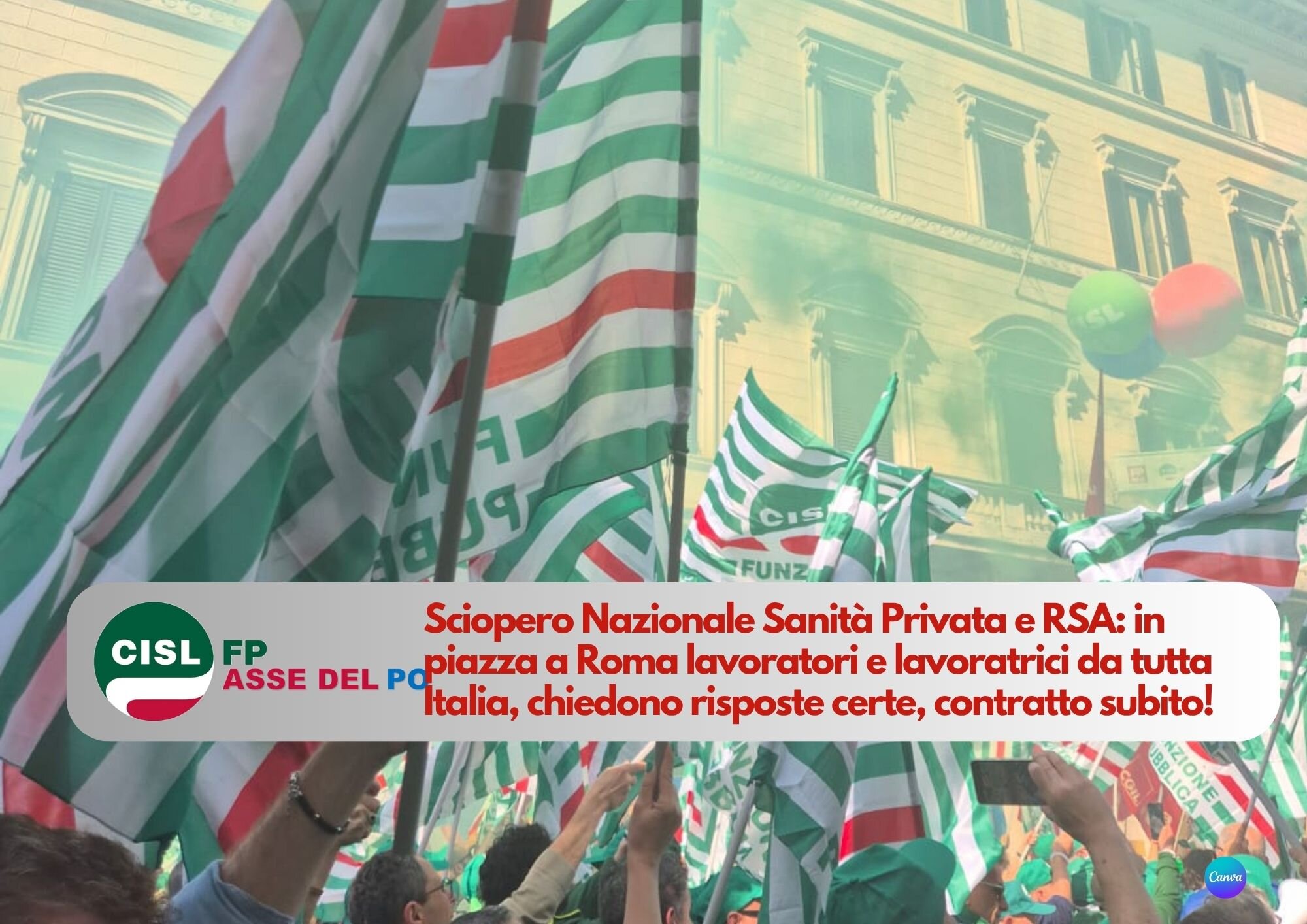 CISL FP Asse del Po. In Piazza a Roma per chiedere il rinnovo del Contratto per i lavoratori di Sanit&agrave; Privata e Rsa