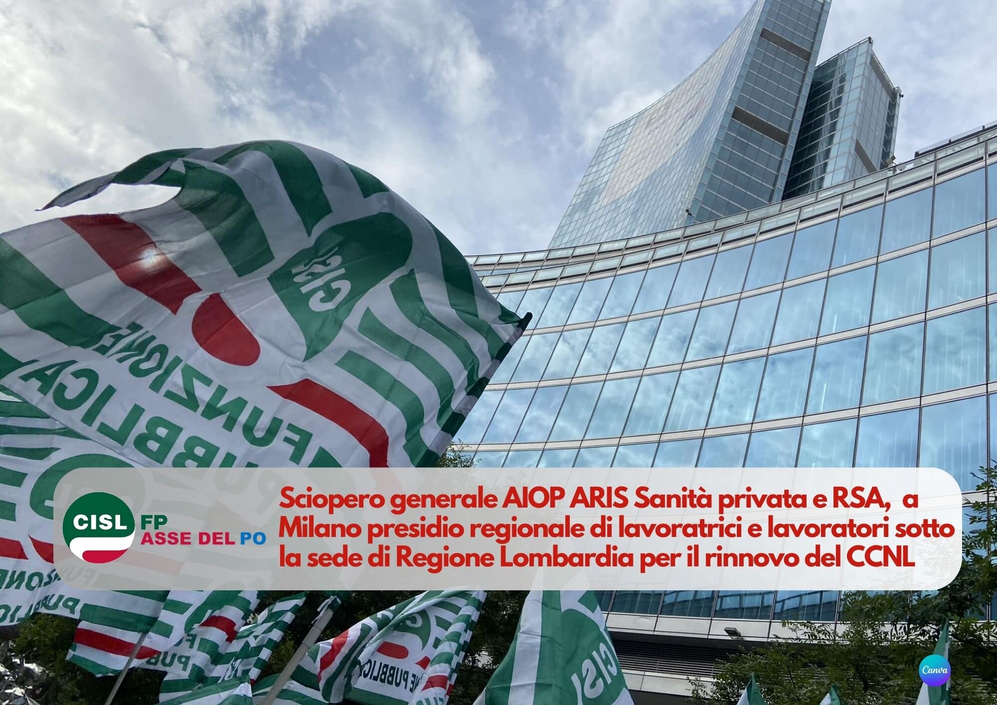 CISL FP Asse del Po. Sciopero nazionale AIOP ARIS Sanità privata ed RSA. Presidio a Milano sotto Regione Lombardia
