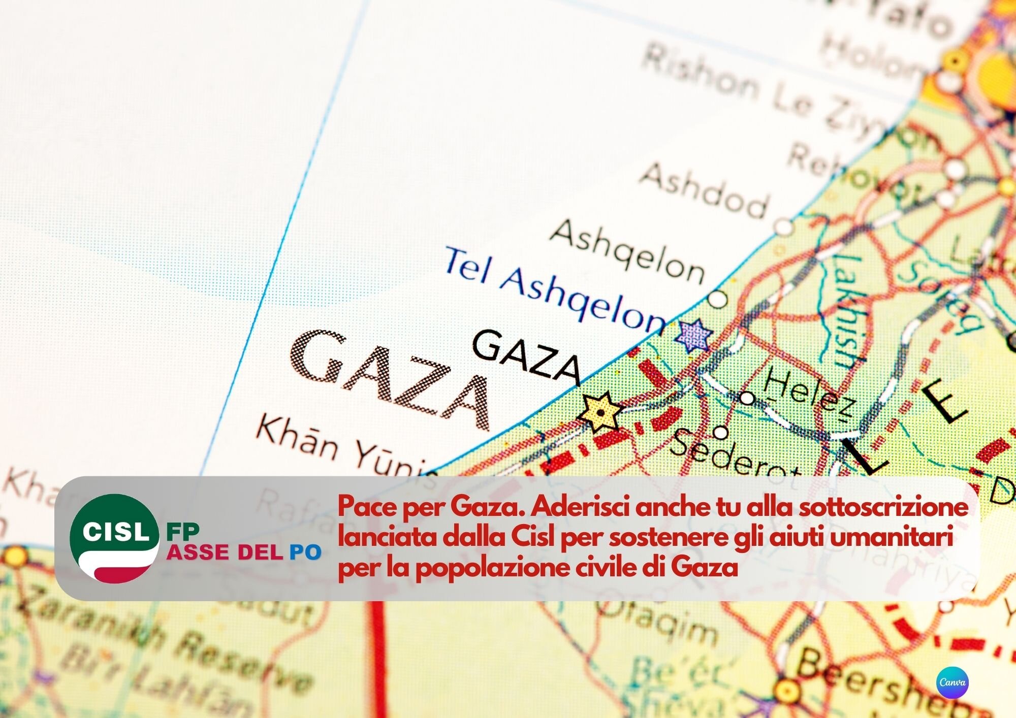 CISL FP Asse del Po. Sottoscrizione Cisl per sostenere gli aiuti umanitari per la popolazione civile di Gaza