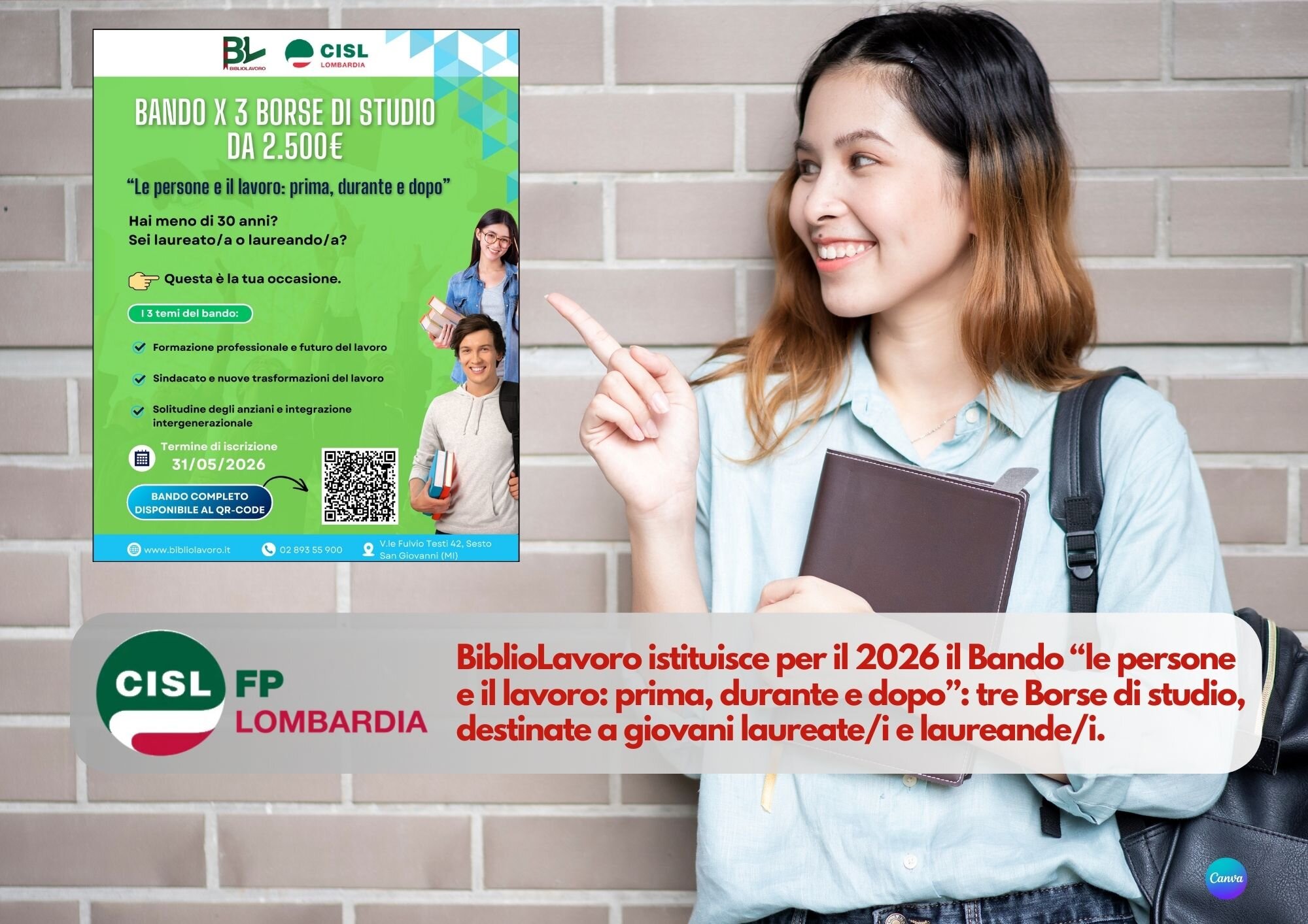 CISL FP Lombardia. Bibliolavoro: al via Bando&ndash;borsa di studio &ldquo;le persone e il lavoro: prima, durante e dopo&rdquo;