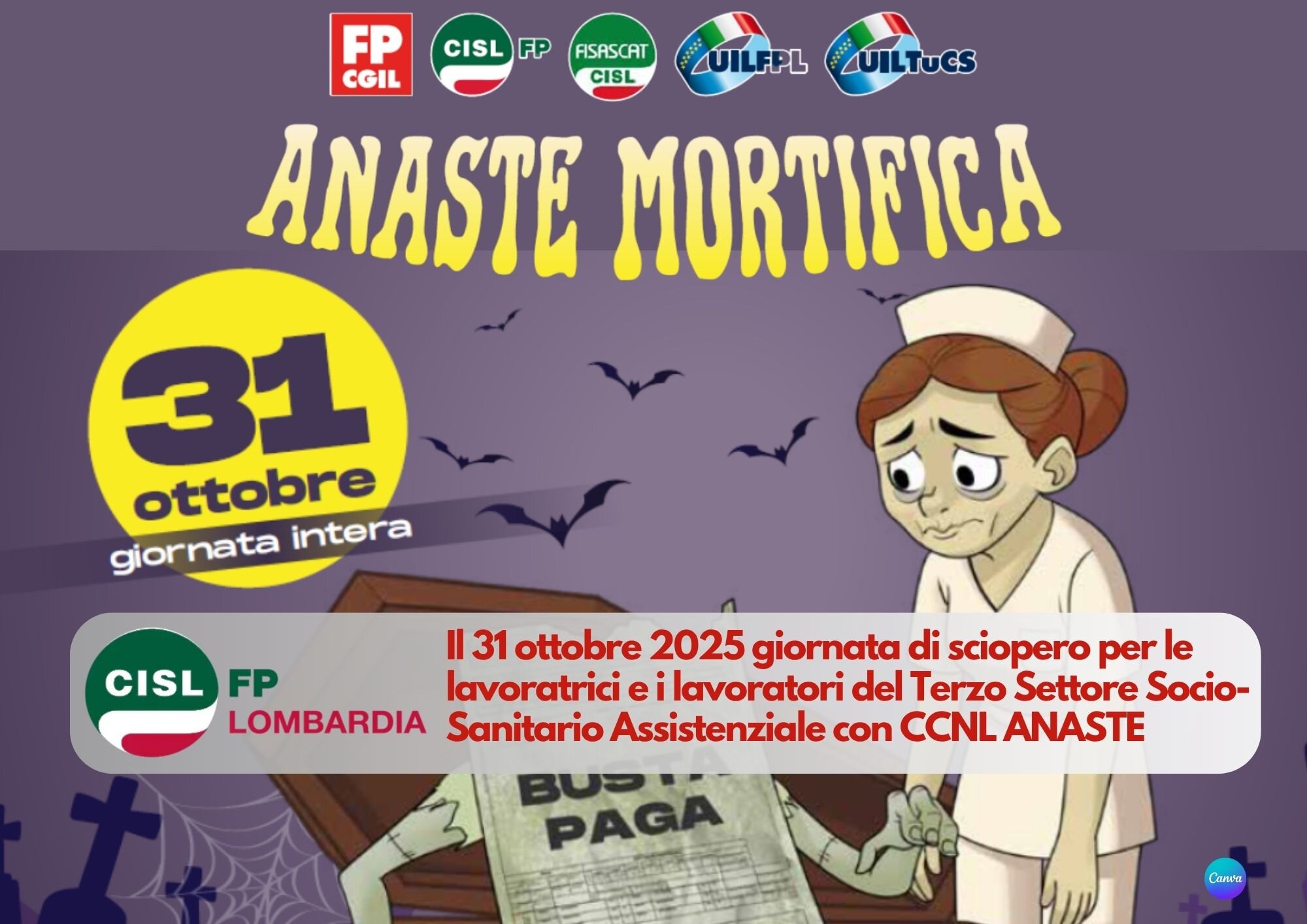 CISL FP Lombardia. Il 31 ottobre 2025 sciopero nazionale dei lavoratori del Terzo Settore Socio-Sanitario Assistenziale con CCNL Anaste