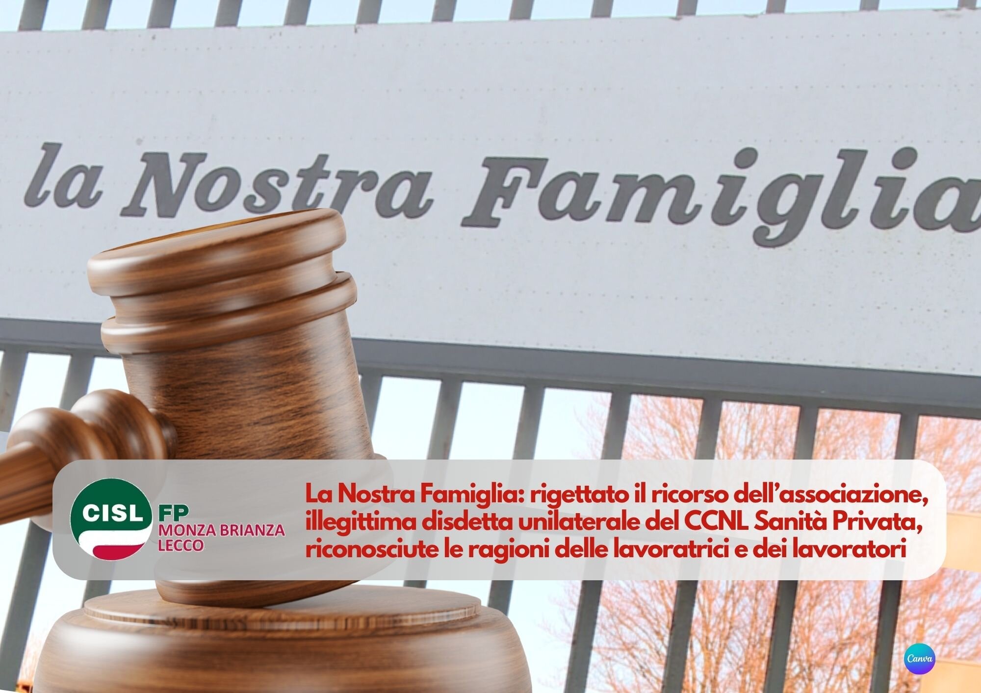 CISL FP Monza Brianza Lecco. &ldquo;La Nostra Famiglia&rdquo;: illegittima la disdetta unilaterale del CCNL Sanit&agrave; Privata