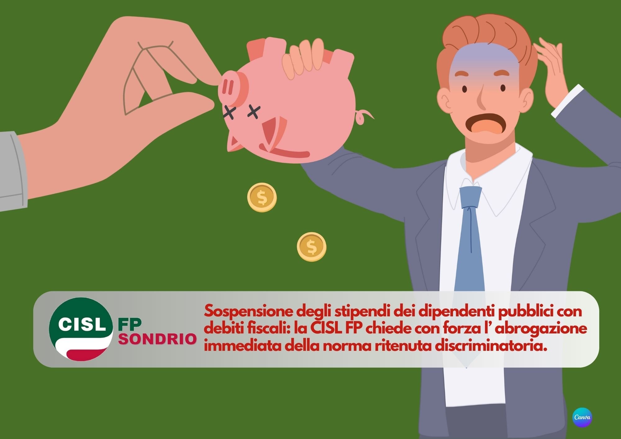 CISL FP Sondrio. Sospensione stipendi dipendenti pubblici con debiti fiscali: norma discriminatoria da abrogare