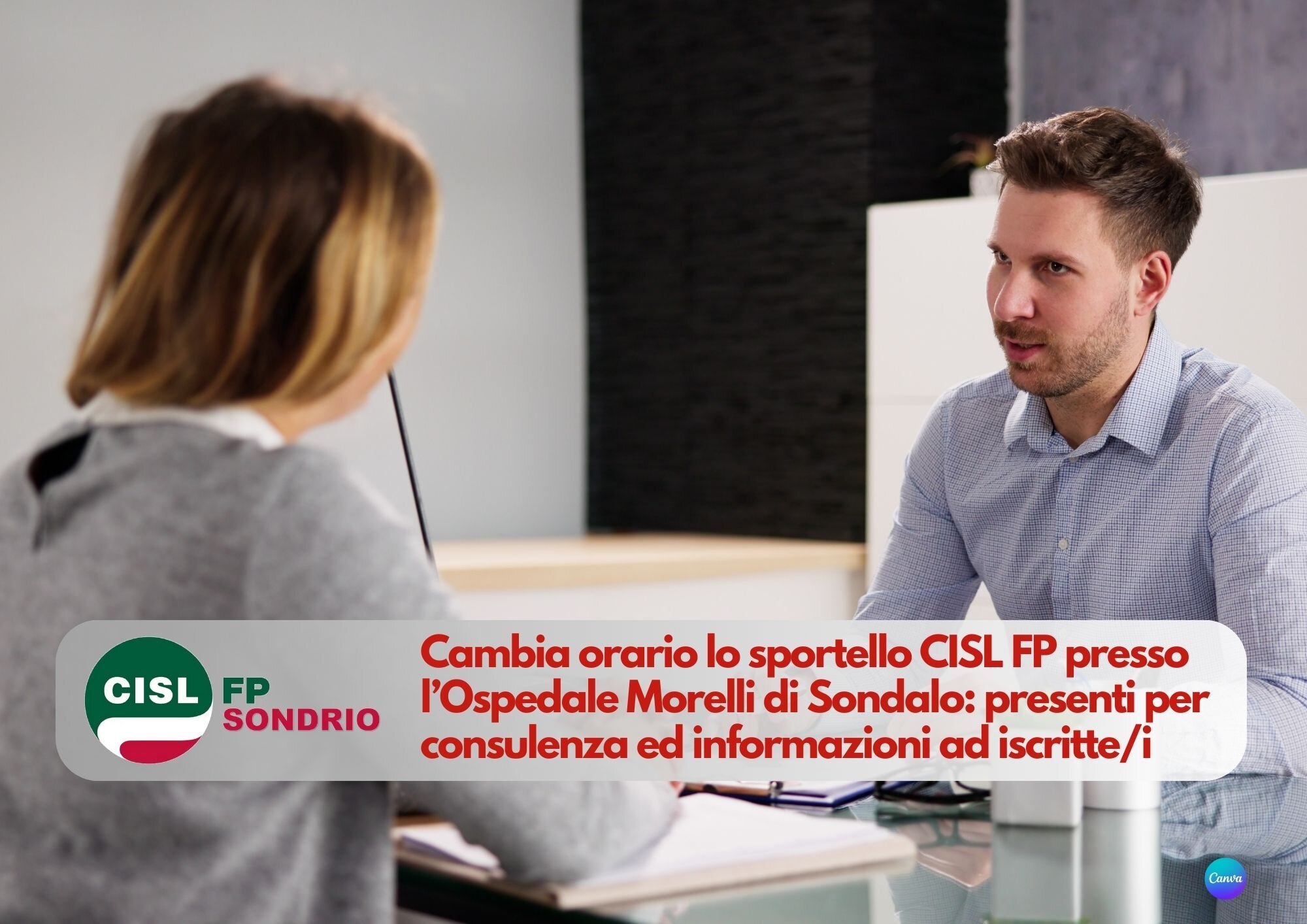 CISL FP Sondrio. Nuovi orari dello sportello CISL FP all’ Ospedale Morelli di Sondalo. Presenti ogni 2^ e 4^ martedì del mese