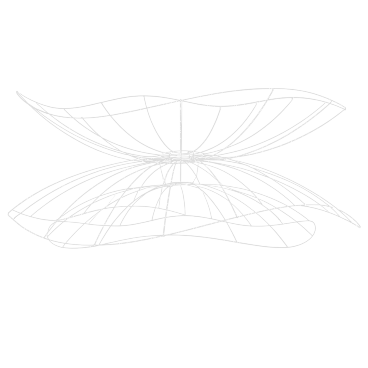 Telaio per paralume artistico in filo di ferro con struttura geometrica tridimensionale, simile a un iperboloide, sospeso e riflettente la luce in modo elegante