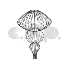 Telaio per paralume in filo di ferro con struttura sferica e segmentata, composto da anelli ellittici intrecciati verticalmente, dal design simmetrico che ricorda una pallina natalizia decorativa Telaio per paralume in filo di ferro con struttura sferica e segmentata, composto da anelli ellittici intrecciati verticalmente, dal design simmetrico che ricorda una pallina natalizia decorativa
