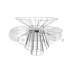 Telaio per paralume in filo di ferro con struttura geometrica composta da sezioni coniche e anelli concentrici, dal design simmetrico che richiama gli anelli di Saturno Telaio per paralume in filo di ferro con struttura geometrica composta da sezioni coniche e anelli concentrici, dal design simmetrico che richiama gli anelli di Saturno