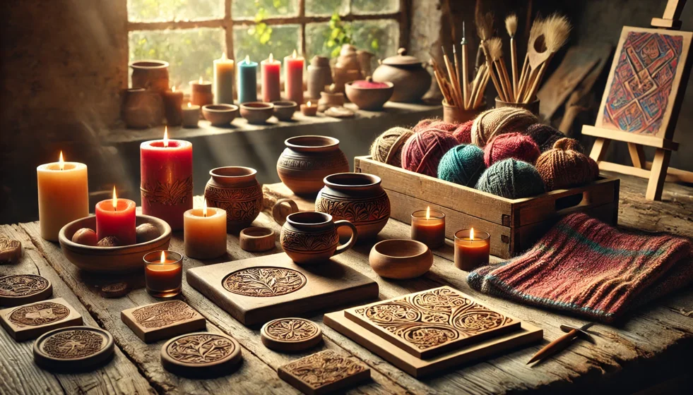 dall·e 2025-01-20 12.28.43 - a warm and inviting background image representing handcraft and artisanal products. the scene features a rustic wooden table with handmade candles of 