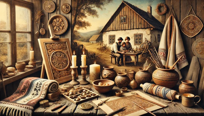 dall·e 2025-01-20 12.30.58 - an artistic depiction of a small artisanal workshop set in a picturesque village in south bohemia, featuring a family working together. a rustic woode