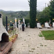 Giardino tra gli ulivi con sdraio e barbecue