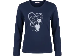 Maglia a maniche lunghe da donna di colore blu notte, con scollo rotondo. Sul davanti presenta una decorazione stampata a tema felino, raffigurante un gatto stilizzato racchiuso o affiancato da un motivo a cuore con scritte e brillantini. ENTRATA LIBERA SHOPPING Via Marco Emilio Lepido 54/4E 40132 Bologna Borgo Panigale