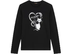 Maglia a maniche lunghe da donna di colore nero, con scollo rotondo. Sul davanti presenta una decorazione stampata a tema felino, raffigurante un gatto stilizzato racchiuso o affiancato da un motivo a cuore con scritte e brillantini. ENTRATA LIBERA SHOPPING Via Marco Emilio Lepido 54/4E 40132 Bologna Borgo Panigale