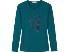 Maglia a maniche lunghe da donna di colore verde petrolio, con scollo rotondo. Sul davanti presenta una decorazione stampata a tema felino, raffigurante un gatto stilizzato racchiuso o affiancato da un motivo a cuore con scritte e brillantini. ENTRATA LIBERA SHOPPING Via Marco Emilio Lepido 54/4E 40132 Bologna Borgo Panigale