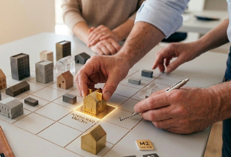 Modellini di case su una griglia grafica per l'analisi del posizionamento competitivo immobiliare.
