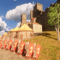 soldati normanni in marcia con villaggio e castello sullo sfondo