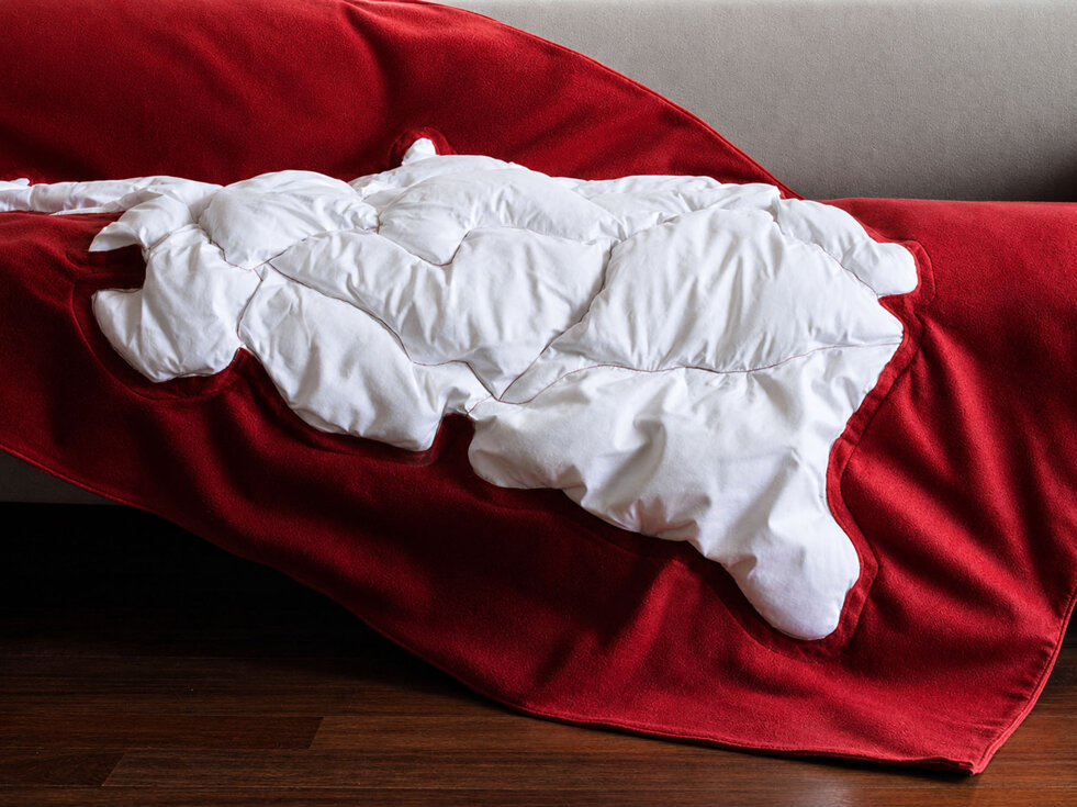 cuore d'italia product design, cuore d'italia quilted blanket, italian unification exhibition, italian product design, italian borders redefined in product design, human heart made with italian regions, red quilted italian blanket, 