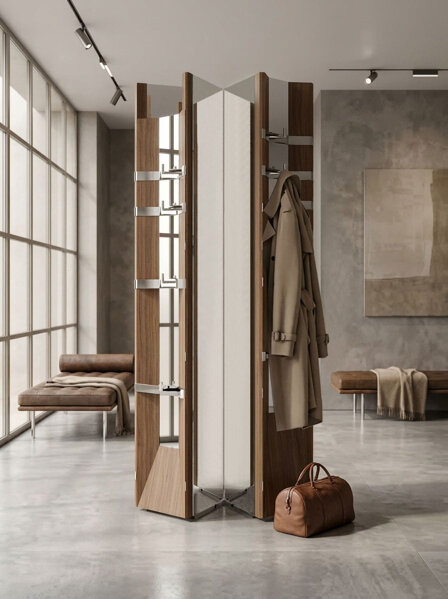innovative partition screen design, wooden partition screen design, home accessories designer, mirror and coat hanger italian design, italian furniture design studio, italian furniture designer, temporary luxury dressing room, dressing room designer, room divider designer, bespoke hanging rack design, bespoke room divider designer, malta cross inspired room divider, unique office partitioning screen