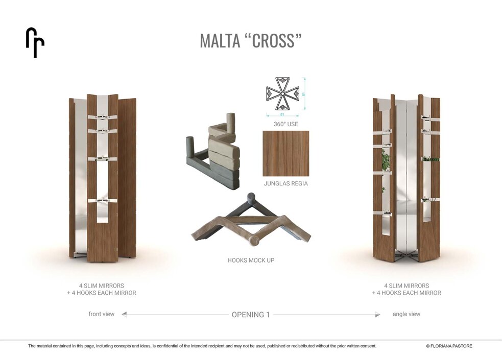 innovative partition screen design, wooden partition screen design, home accessories designer, mirror and coat hanger italian design, italian furniture design studio, italian furniture designer, temporary luxury dressing room, dressing room designer, room divider designer, bespoke hanging rack design, bespoke room divider designer, malta cross inspired room divider, unique office partitioning screen