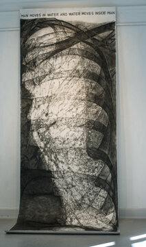 1) Man moves in water and water moves inside Man Charcoal pencil drawing on Fabriano 100 % cotton paper (390 x 140 cm)