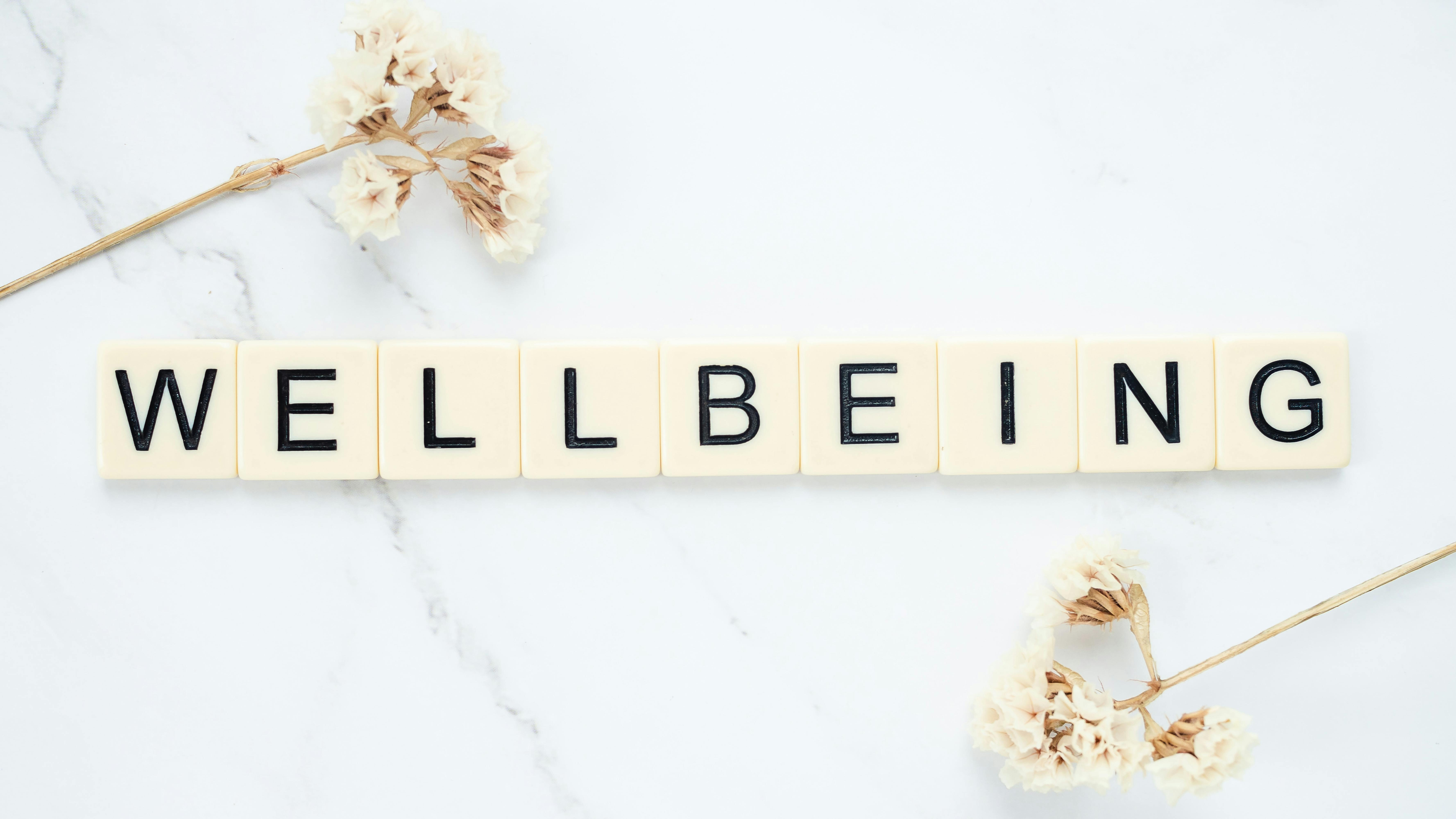 La scritta Wellbeing: benessere in inglese