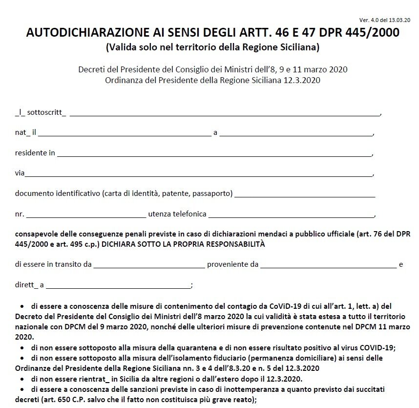 Coronavirus: Nuovo modulo autocertificazione per la Sicilia