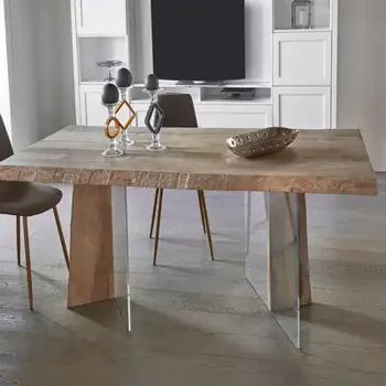 TAVOLI IN LEGNO MASSELLO CON BASI IN VETRO