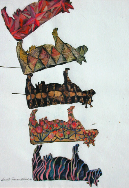 METAFORA Mucche 1 1989 50x70cm guashe, acquarelli, mordente, pastelli su carta (Collezione privata)