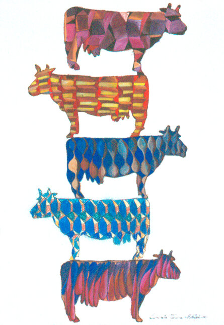 METAFORA Mucche 1 1989 50x70cm guashe, acquarelli, mordente, pastelli su carta (Collezione privata)