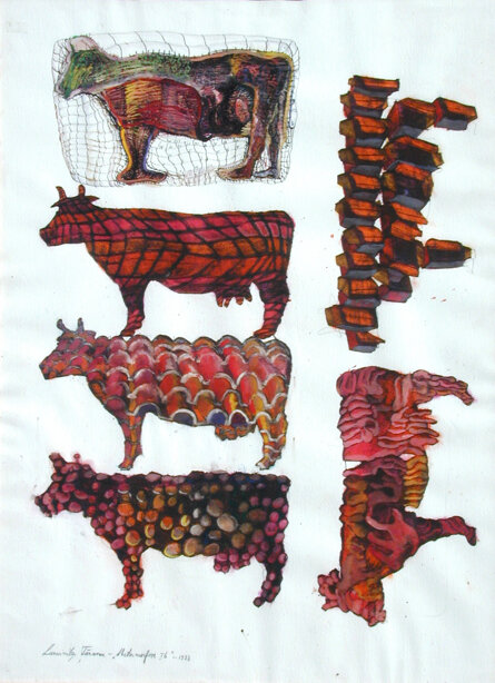 METAMORFOSI I b 1988 50x70cm guashe, acquarelli, mordente, pastelli su carta (Collezione privata)