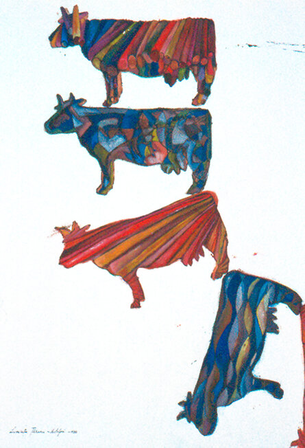 METAFORA Mucche 2 1989 50x70cm guashe, acquarelli, mordente, pastelli su carta