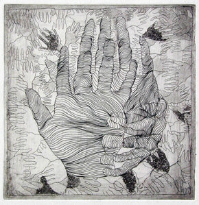 Metafora della mano II Struttura 3 acquaforte, acquatinta 10x10cm 1987