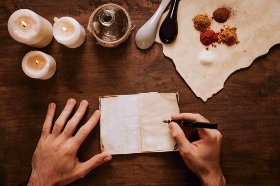 tavolo di legno con candele, spezie, un taccuino dove una mano sta per scrivere qualcosa di importante