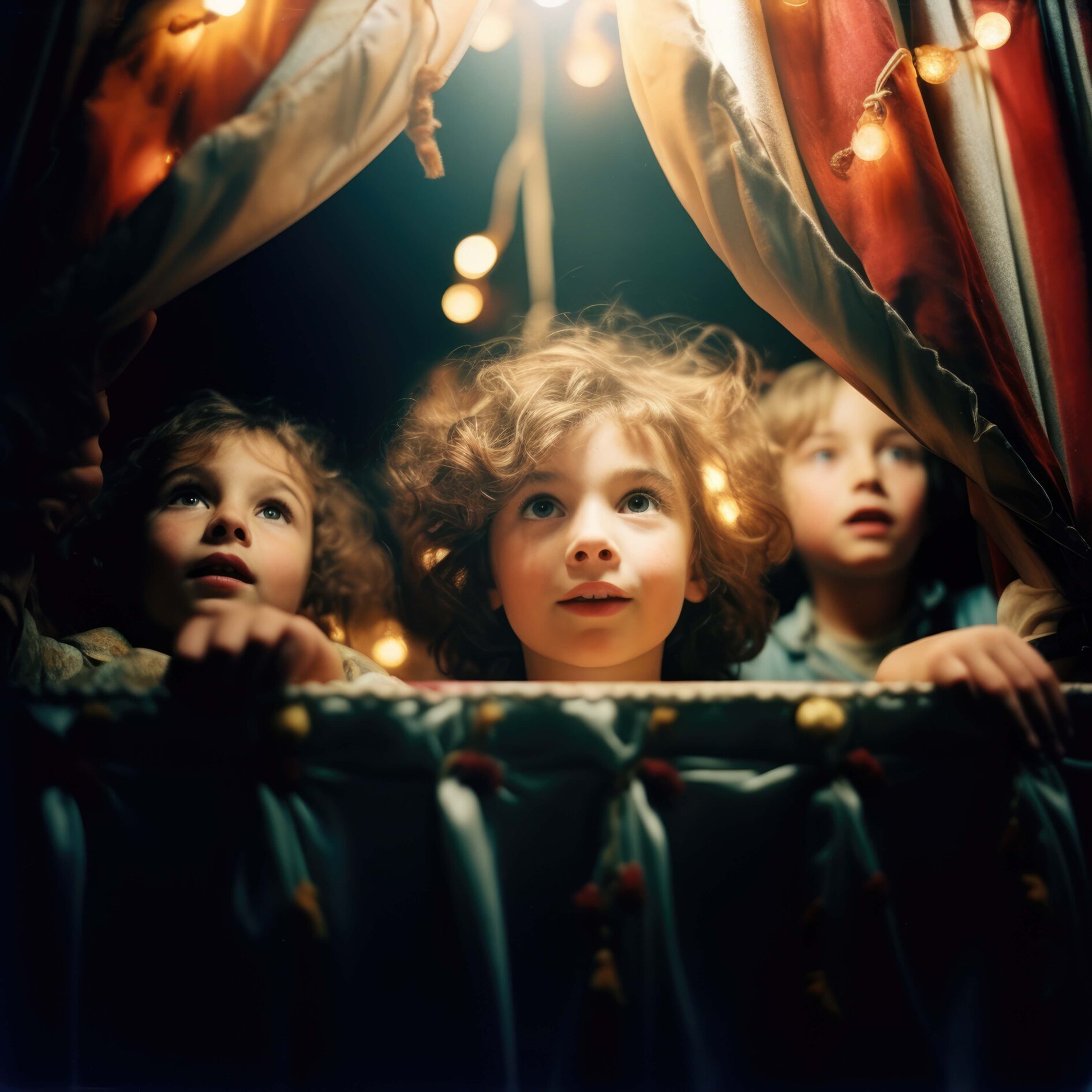 bambini con sguardo stupito a teatro, luci soffuse
