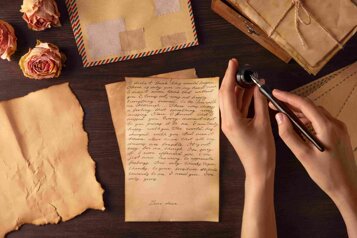 tavolo di legno con sopra carta da lettere, calamaio, rose secche e due mani che stanno per scrivere qualcosa di importante