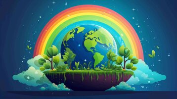 mondo a colori pieno di verde e circondato da un arcobaleno e nuvole 
