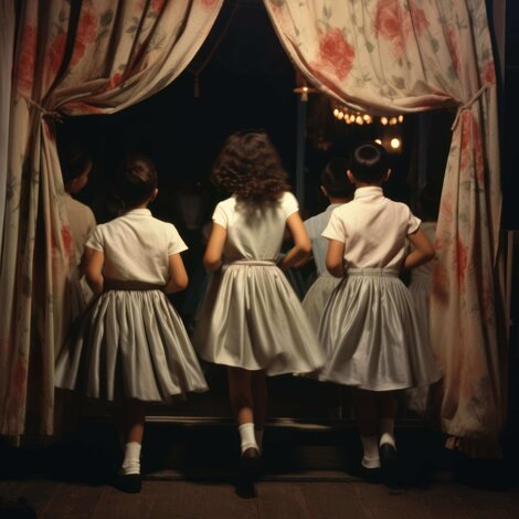 ragazze in costume d'epoca che stanno entrando in scena