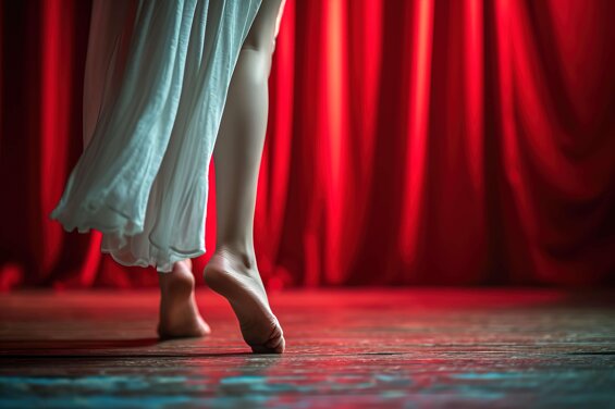 Ballerina a piedi nudi sul palcoscenico in abito lungo, dietro un sipario rosso acceso 